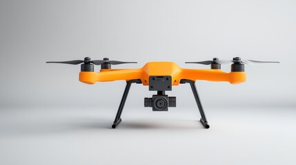 Bright Orange Drone with Camera on Gray Background, Modern Technology Concept, Aerial Photography Equipment