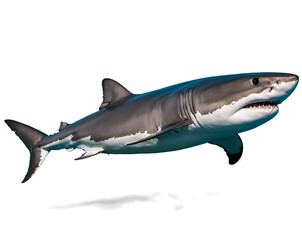 Obraz premium Majestic Great White Shark Glides Underwater, A Powerful Predator in its Natural Habitat, Revealing the Beauty and Raw Nature of Marine Life in the Deep Ocean