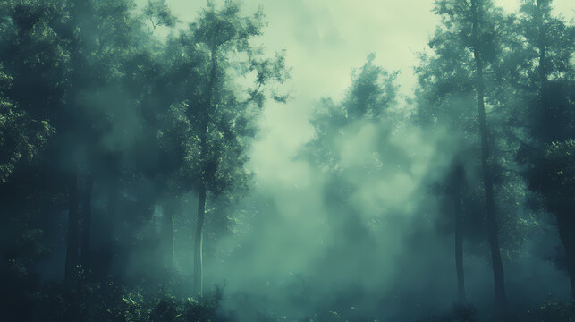 Ethereal forest scene with tall trees shrouded in mystical fog creating a dreamy and enigmatic ambiance in nature. Enigmatic Growth. Illustration