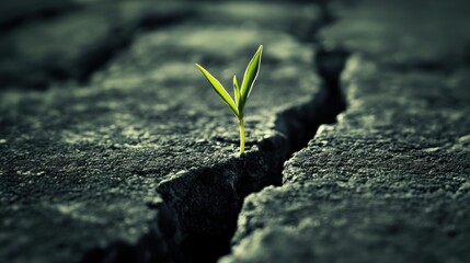 Closeup view of a tiny plant sprout growing out of hard ground.