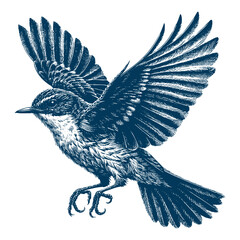 Restless flycatcher bird engraving vector illustration