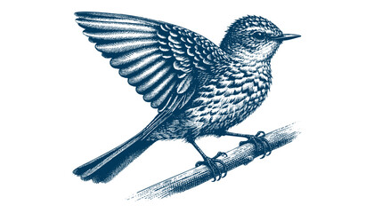Restless flycatcher bird engraving vector illustration