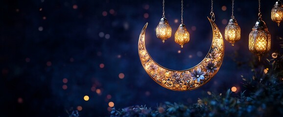 Enchanting celestial arrangement featuring a crescent moon and decorative lanterns