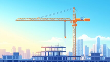 Tower Crane in Motion. illustration of a crane in construction site. Cityscape background.