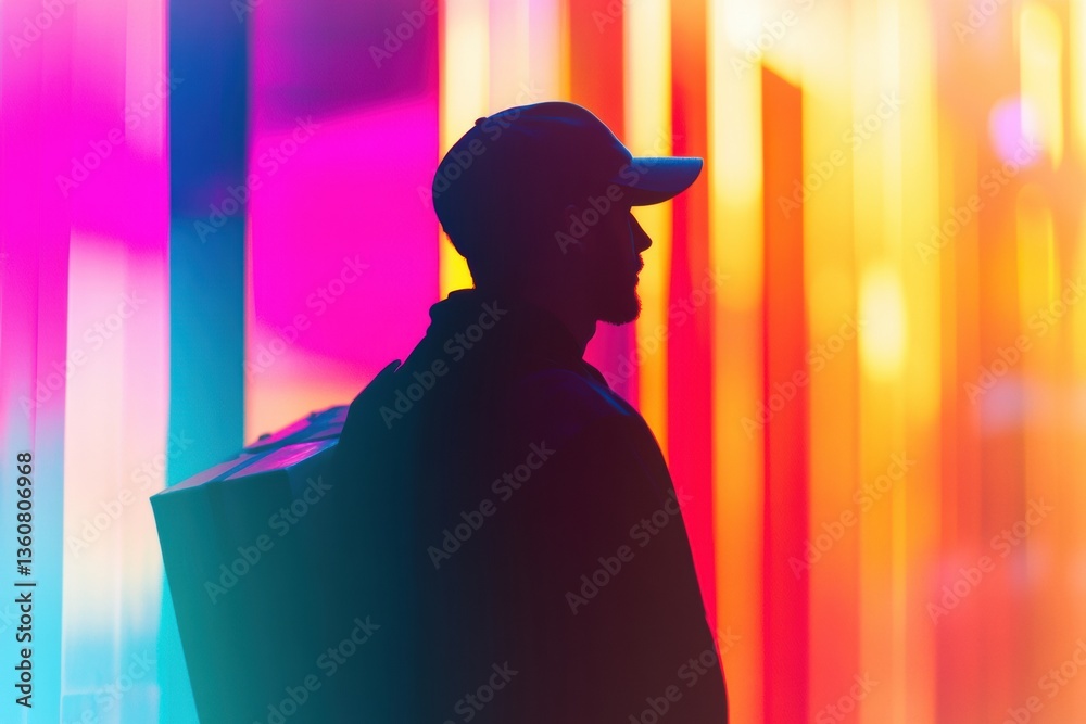 Poster Delivery worker silhouette against a vibrant abstract background of neon tones and gradient overlays in a modern urban setting Generative AI