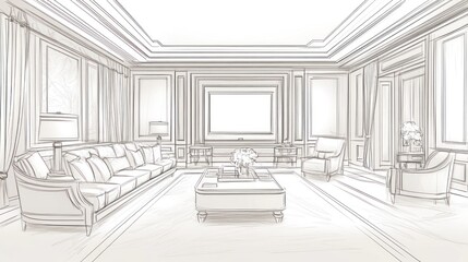 Elegant Living Room Design Sketch; Interior Design; Formal Setting;  Ideal for Architecture Portfolio