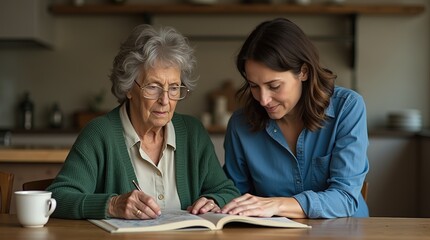 Fototapeta premium Wide view of elder in green cardigan with puzzle, younger in blue shirt supports, warm light, cozy kitchen scene.