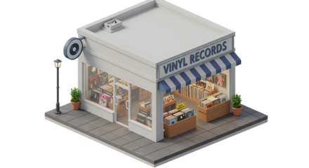Isometric Vinyl Record Storefront with Records, Plants, and Streetlight