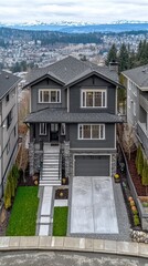 Modern home exterior with cityscape and mountains view. Architectural showcase photo