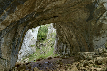 A natural rock arch formation surrounded by rugged rocks and greenery.