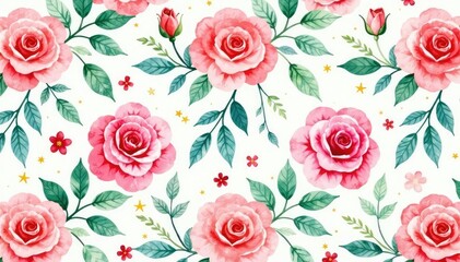 Delicate watercolor roses & leaves, repeat pattern, pattern, texture, wallpaper