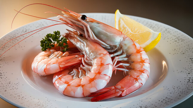 fresh pink shrimps cooked on a plate with limon on the white plate