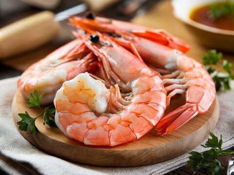 fresh pink shrimps cooked on a plate with limon on the wooden board