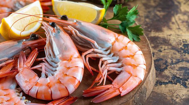 fresh pink shrimps cooked on a plate with limon on the wooden board