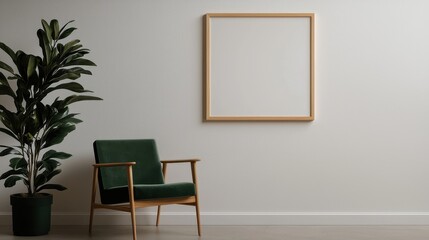 A minimalist interior featuring a green chair, a blank picture frame on the wall, and a decorative plant, creating a serene atmosphere.