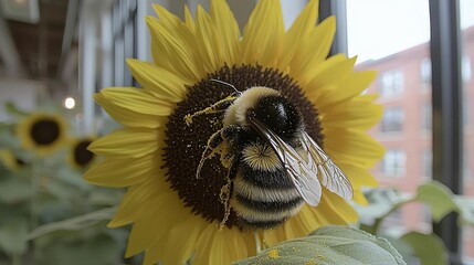 Close-up shot of a bee on a vibrant sunflower, showcasing intricate details of the insect and flower. A captivating image of nature's beauty.