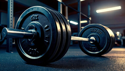 Closeup of a loaded barbell resting on a gym floor