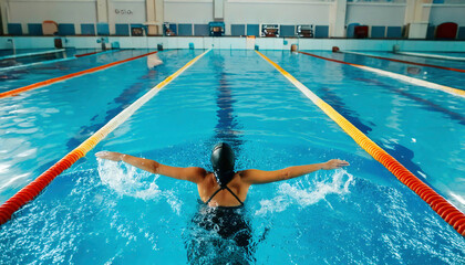 A swimmer performs a backstroke in an indoor pool