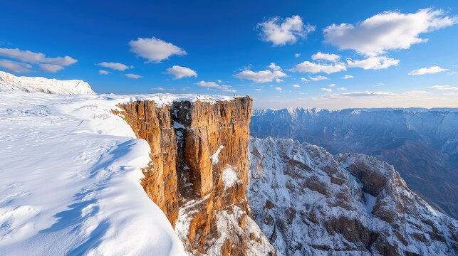 A stunning snow-covered cliff rises against a clear blue sky, showcasing dramatic rock formations and expansive mountain views.