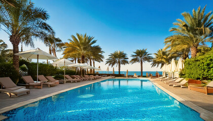 Inviting resort pool with crystalclear water surrounded by palm trees