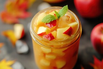 Refreshing apple iced tea in a mason jar.  Fall-inspired beverage garnished with fresh mint and ice.  Pieces of apple are visible in the drink