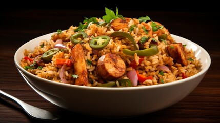 Savory jambalaya with shrimp, sausage, and vegetables in a black bowl, rustic wooden background.