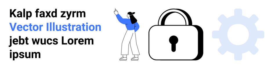 Person pointing at text, large padlock for security, gear symbolizing settings. Ideal for cybersecurity, user authentication, configuration, privacy, teamwork, technology and simple landing page