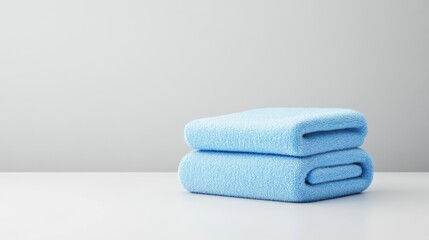 Soft Blue Towels Stacked on Minimal White Surface for Spa or Bathroom Decor in Relaxing Environment