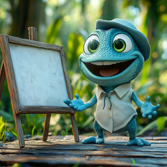 3D rendering of a crazy painter frog showing a canvas in the forest