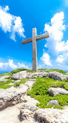 Wooden cross atop coastal hill, sunny sky