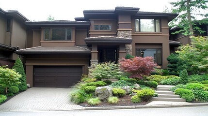 Suburban home, meticulously landscaped lawn, nestled among trees.  Real estate or architecture