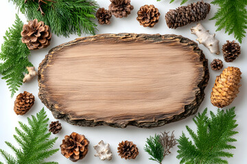Wooden sign surrounded by pine cones and greenery on white