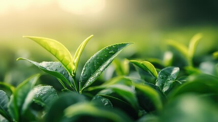 Tea plant with fresh lush leaves in plantation farm land in Spring.