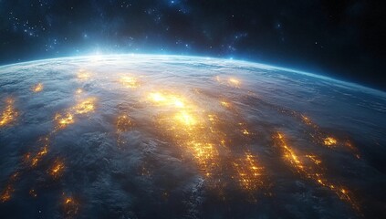 Fototapeta premium A breathtaking view of Earth from space, showcasing the radiant glow of city lights against the backdrop of a dark, starry sky.