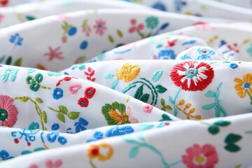 Close-up of colorful embroidered floral fabric. Delicate stitches create a vibrant textile pattern.