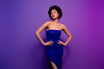 Photo of charming gorgeous woman wear stylish dress club event isolated on purple gradient color...