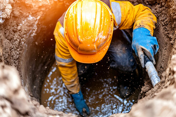 Worker repairing underground pipe in muddy trench