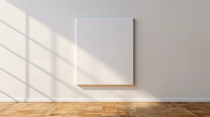 Fototapeta premium A blank art canvas rests on a sleek laminate floor, providing an ideal backdrop for artistic expression against a white wall.