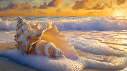 Golden hour symphony: seashells whisper tales of ocean beauty at waters edge. Whispering Shell. Illustration