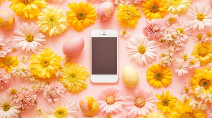 Phone and flowers are surrounded with colorful easter eggs