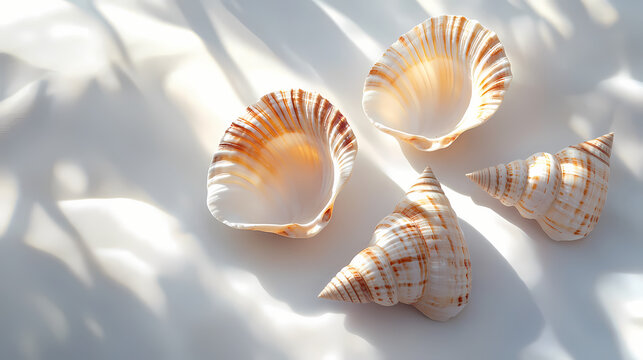 Seashells intricately spiral on a white background, casting delicate shadows. whispers of the ocean's secrets adorn the. Whispering Shell. Illustration