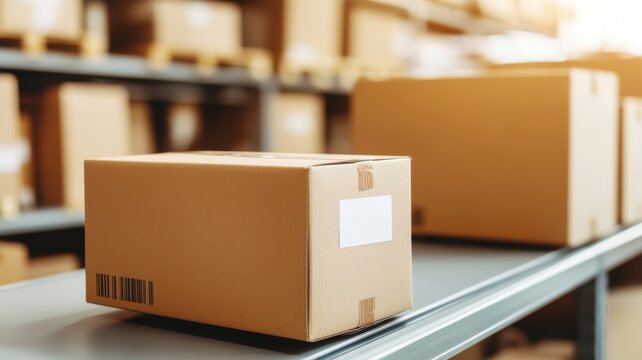 Digital transformation concept. Cardboard box on a shelf in a warehouse filled with more boxes.