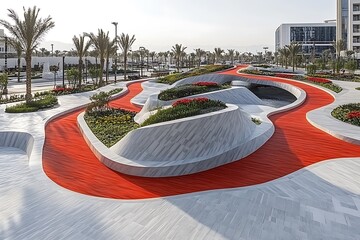 A Modern Public Park Featuring Bright Red Pathways and Green Spaces
