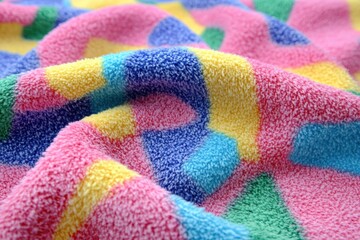 Close-up of colorful, textured fabric.  Soft, plush material with a playful geometric pattern.