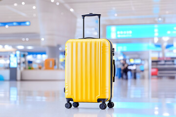 Yellow suitcase in airport terminal