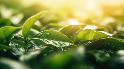 Obraz premium Tea plant with fresh lush leaves in plantation farm land in Spring.