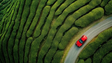 Aerial view of a red car driving in dirt road in tea plantation farm.