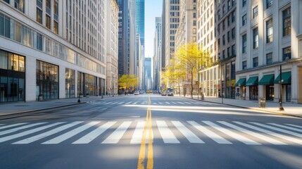 Empty city street, sunny morning, skyscrapers, business district