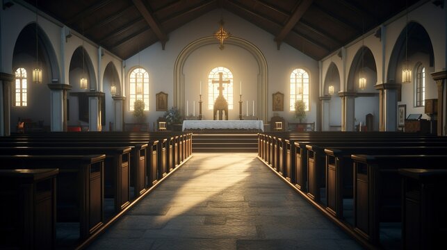 Tranquil church interior with blue stained glass window and rows of pews,