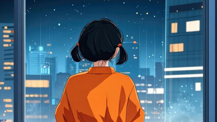 A girl gazes at the city lights from her window, a touch of sadness in her eyes, captured in modern cartoon art.